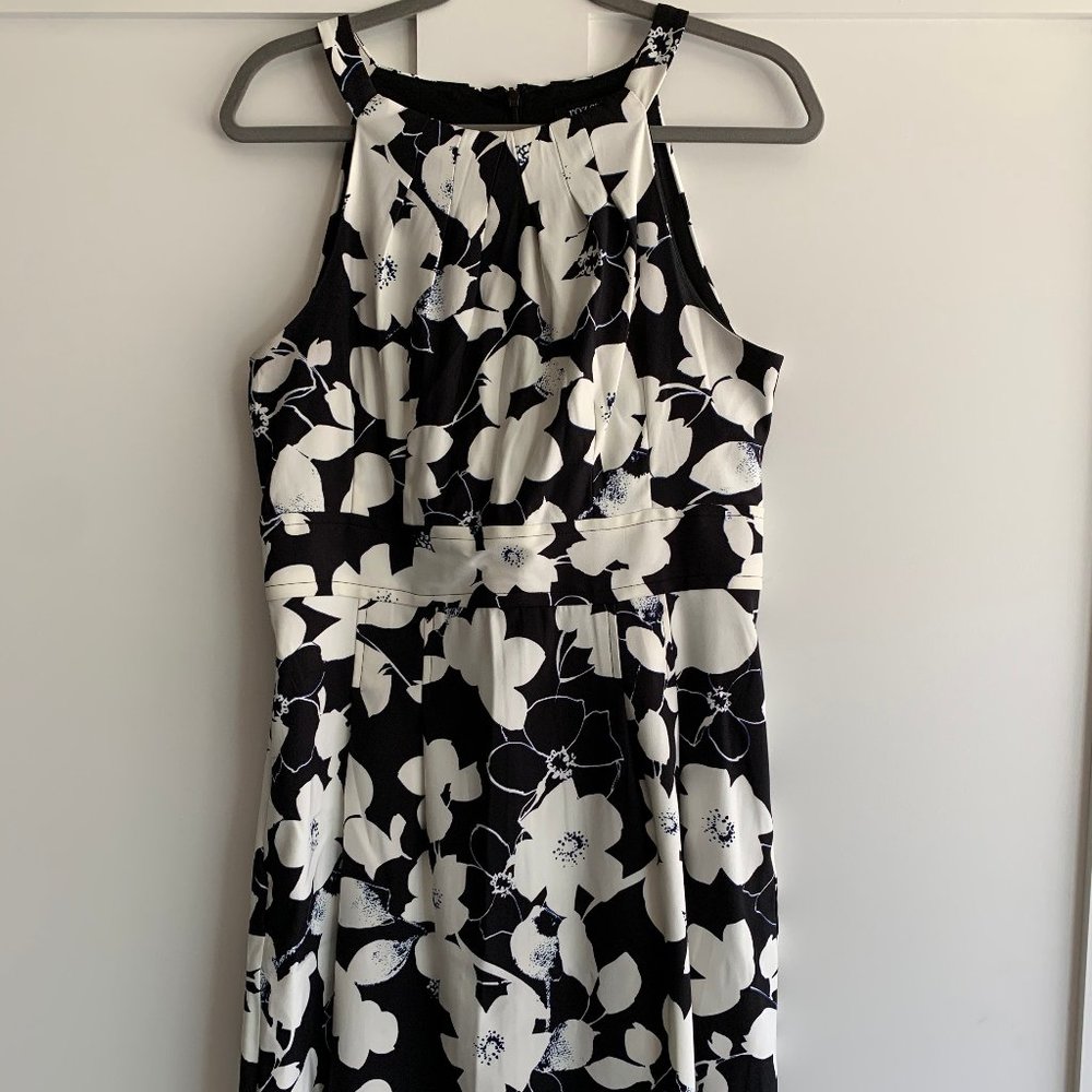 Black and White/Blue Floral Halter Flare Dress